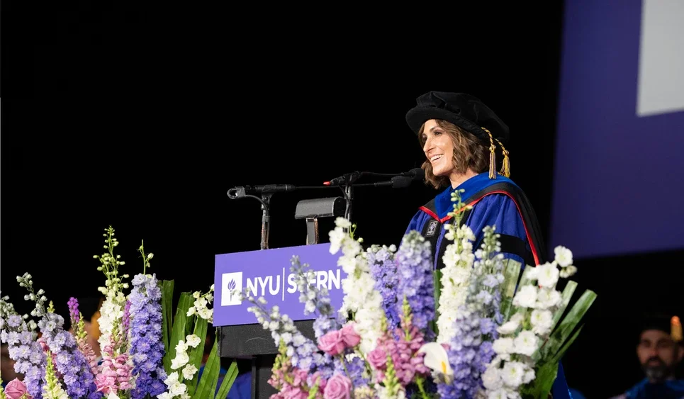 Featured Speaker Suzy Welch, Professor of Management Practice; Director, Initiative on Purpose and Flourishing, addressed the Class of 2026 at the Infosys Theater at Madison Square Garden on May 15. 
