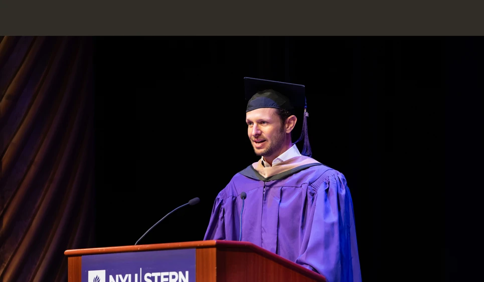 Keynote speaker Zachary Blank (MBA '15), CEO, Paragon Sports, addressed the Class of 2026 at NYU Stern’s Executive MBA Graduation Celebration on July 31.