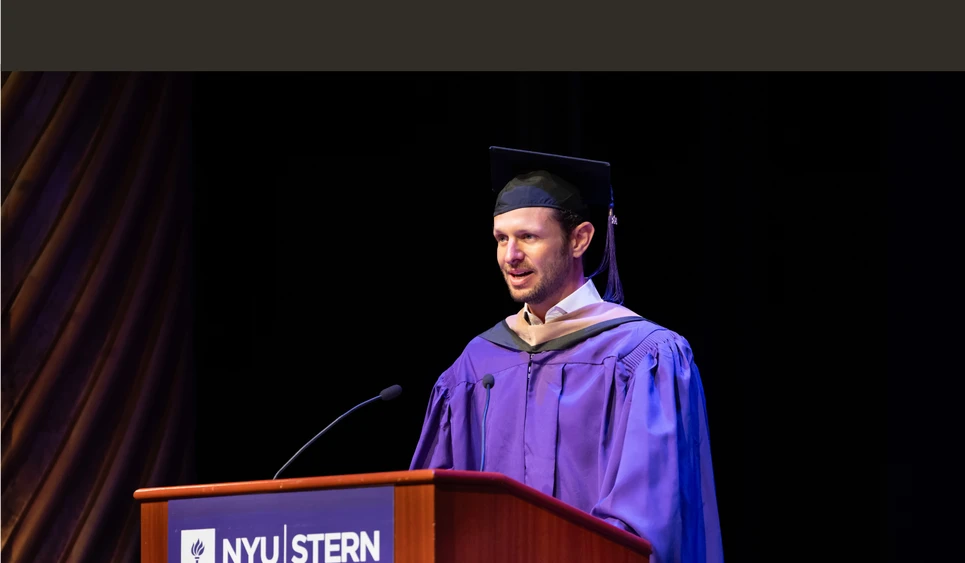 Keynote speaker Zachary Blank (MBA '15), CEO, Paragon Sports, addressed the Class of 2026 at NYU Stern’s Executive MBA Graduation Celebration on July 31.