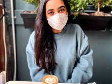 Pallavi Thawani (BS '21) wearing a Made by Ashi face mask