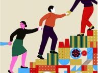 Graphic of people helping each other walk up stairs to support the corporate relations program