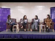Four women talking together on panel at Stern 