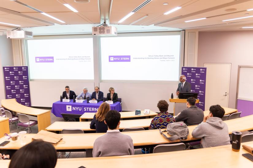 (l-r Professor Philipp Schnabl, Professor Lawrence J. White, Professor Viral Acharya, Gillian Tett, Chair of the Editorial Board and Editor-at-Large, US, Financial Times; Provost-designate of King's College, Cambridge, NYU Stern Dean Raghu Sundaram))