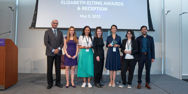  From left to right: Dean Raghu Sundaram, Elizabeth Elting (MBA ’92), Vanessa Rissetto (Culina Health), President-Designate Linda Mills, Aileen Mastouri (RevivBio), Massa Shoura (Phinomics), and EFL Founding Director Professor Deepak Hegde