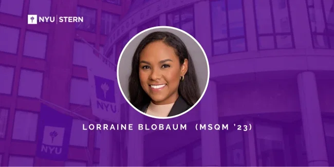 A headshot of Lorraine Blobaum (MSQM ’23)  on a violet graphic