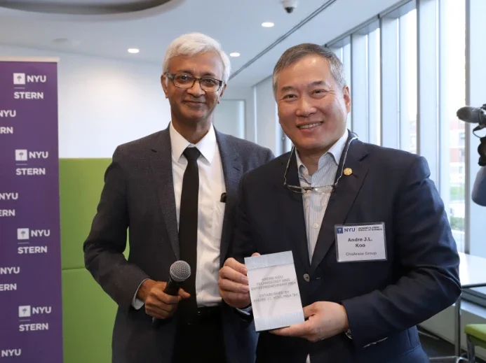 Dean Raghu SundaramAndre J.L. Koo (MBA ’94) celebrating the Andre Koo Tech MBA Program