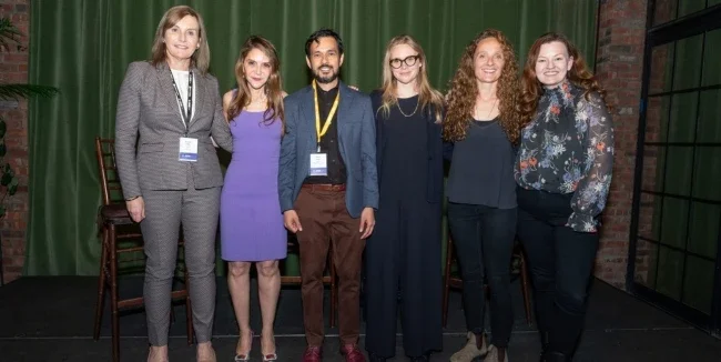 The founders of three EFL startups stand with Elizabeth Elting and Deepak Hegde