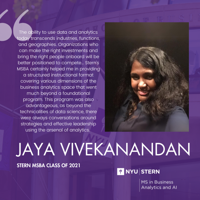 A graphic including portrait and a quote from MSBA Alumni Jaya Vivekanandan.