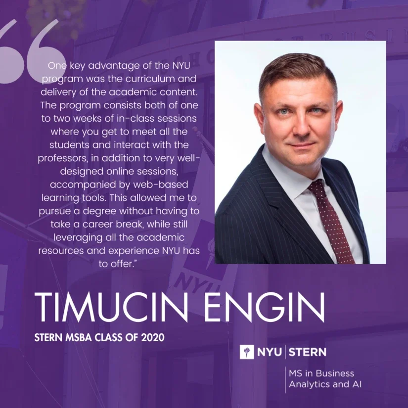 A graphic including a portrait of MSBA alumni Timucin Engin and a quote about his experience.