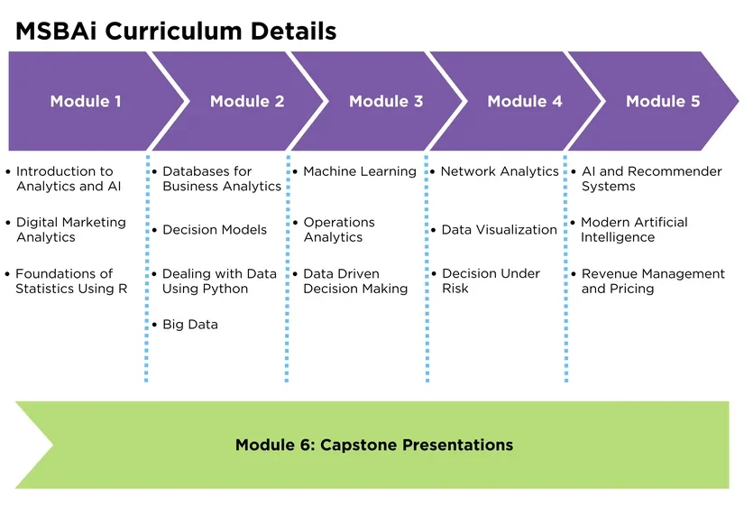 A graphic detailing all courses in the MSBAi program by module. 