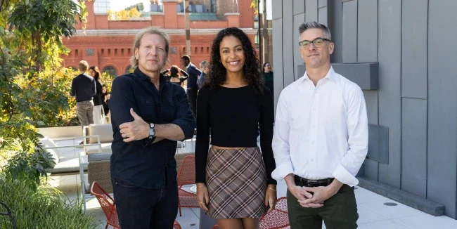 Amélie Murphy (BS ’25) with Mike Pell, Director, The Microsoft Garage, and Professor Matt Statler. 