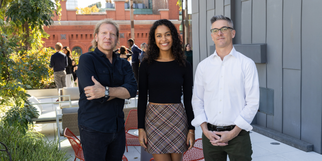 Amélie Murphy (BS ’25) with Mike Pell, Director, The Microsoft Garage, and Professor Matt Statler.