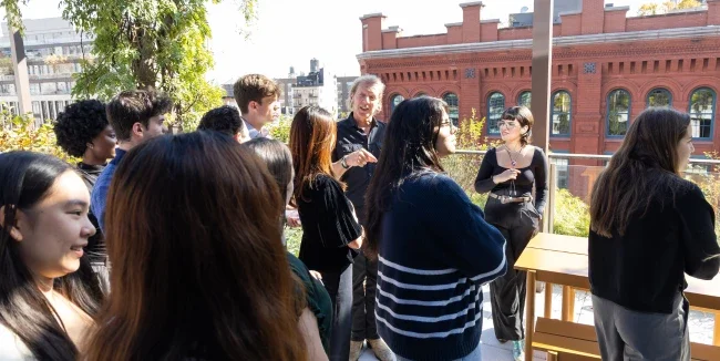 NYU Stern Undergraduate College students on the roof deck of The Microsoft Garage in Soho with Mike Pell, Director, The Microsoft Garage