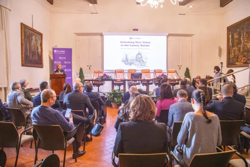 Clinical Professor Thomaï Serdari, academic director of Stern’s MBA in luxury and retail,  welcomes attendees to the Program’s inaugural “Unlocking New Value in the Luxury Sector” conference in Florence, Italy at NYU’s Villa La Pietra