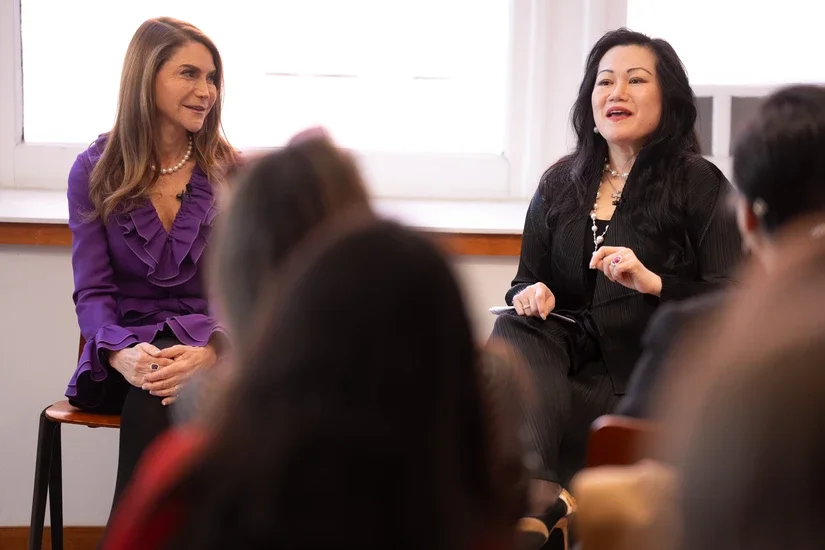 Elizabeth Elting (left) with Judy Lee (right) at a fireside chat