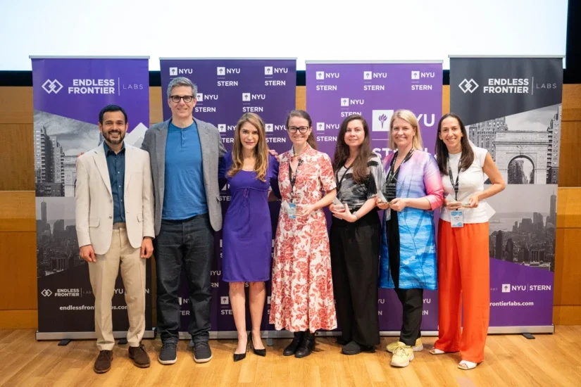 Left to right: Endless Frontier Labs Founding Director Deepak Hegde, Interim Dean J.P. Eggers,  Elizabeth Elting (MBA ‘92), Capella Kerst of geCKo Materials, Maria Soloveychik of SyntheX, Martina Kingvall of Telness Tech, and Moran Snir of Nest Genomics