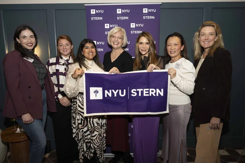 Stern alumnae and members of Stern’s Alumni Council pose together at the launch event, from left to right: Samantha Margolis (MBA ’18), Allison Kuhn (MBA ’23), Diana Charlite (MBA ’15), Executive Board Member Susan Jurevics (MBA ’96), Elizabeth Elting (MBA ’92), Cathy Choi (MBA ’96), and Daisy Prince (EMBA ’23)