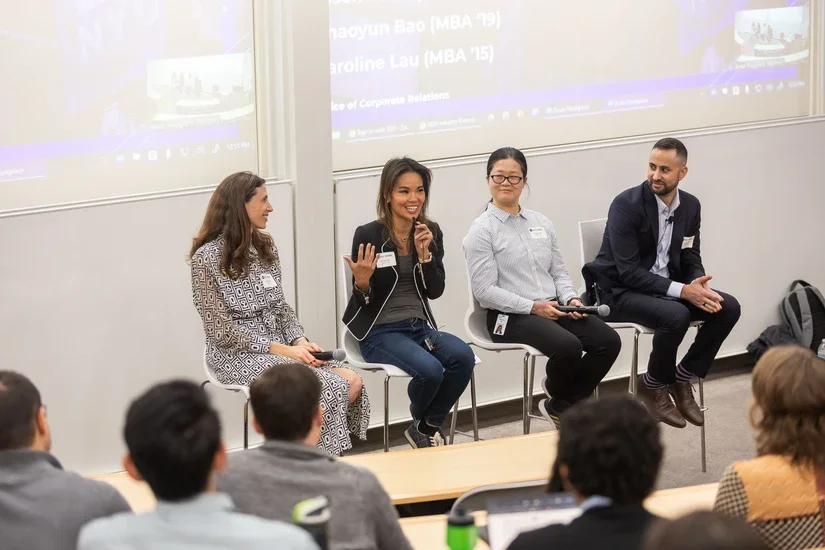 This fall, alumni were on campus to share career paths and industry insights with MBA students, including a tech panel featuring Full-time MBA alumnae Elspeth Rollert (MBA ’14), Stagwell Marketing Cloud, and Caroline Lau (MBA ’15), Walmart; Andre Koo Tech MBA alumnus Chaoyun Bao (MBA ’19), IBM; and Langone Part-time MBA alumnus Jason Abed (MBA ’17), Microsoft