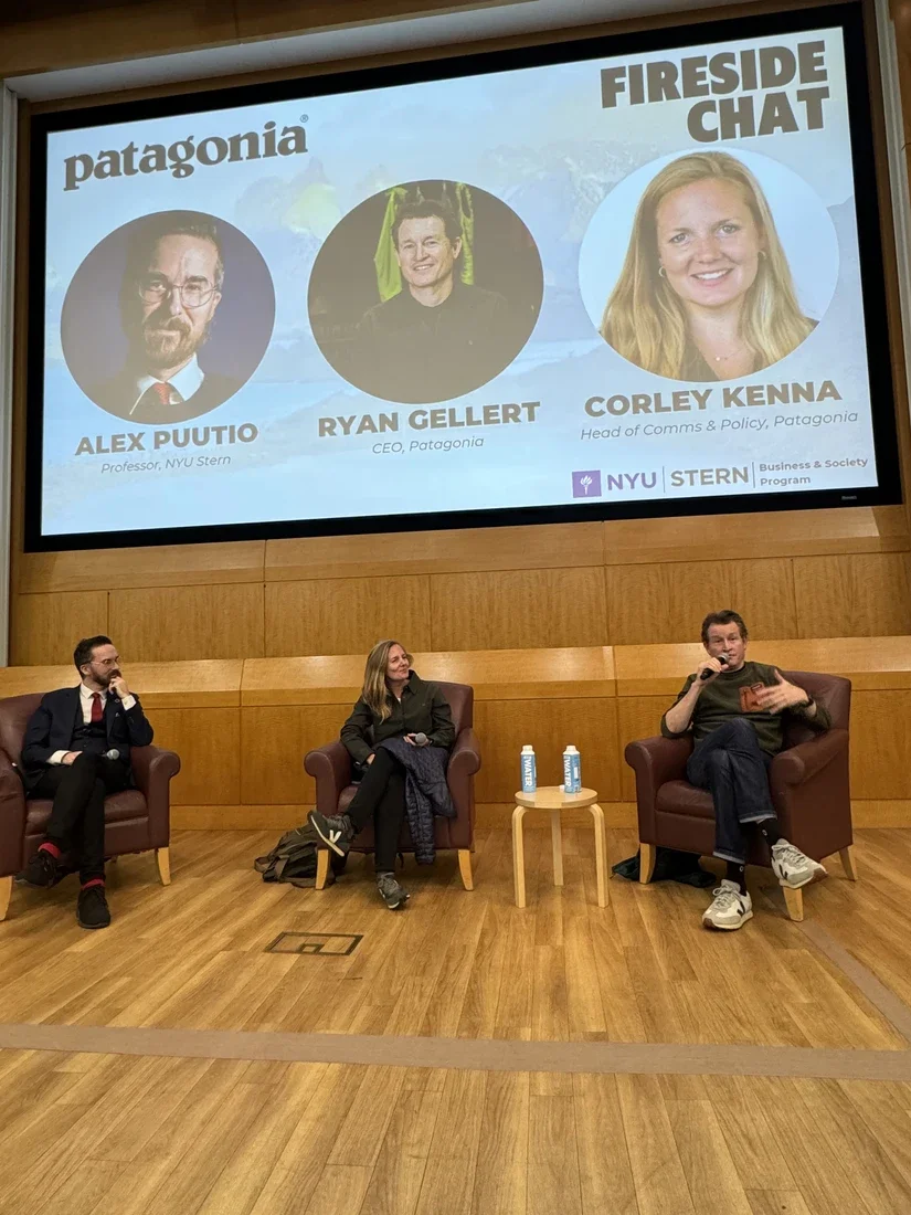 Patagonia CEO Ryan Gellert and Chief Impact and Communications Officer Corley Kenna spoke with Professor T. Alexander Puutio and his Stern Undergraduate College Organizational Communication and its Social Context class