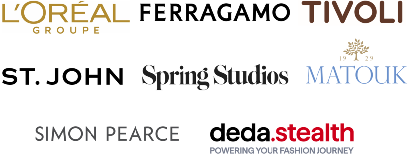 Logos of companies including L’Oréal, Ferragamo, Tivoli, St. John, Spring Studios, Matouk, Simon Pearce, and deda.stealth