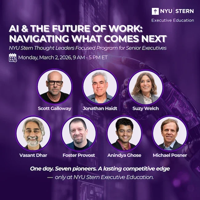 AI & The Future of Work: Navigating What Comes Next program flyer featuring headshots of the Stern faculty