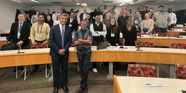 TRIUM students with NYU Stern Dean Bharat Anand (front left) and NYU Stern Professor Aswath Damodaran (front right) 