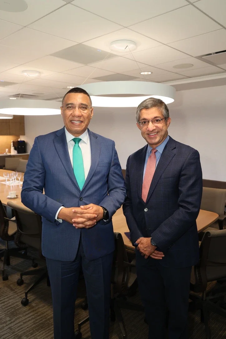 Dr. The Most Honorable Andrew Michael Holness ON, PC, MP, Prime Minister of Jamaica (left), with NYU Stern Dean Bharat Anand (right)