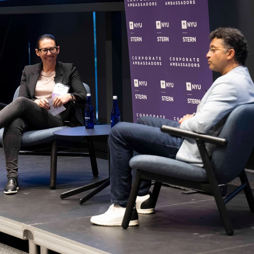 Professor Anindya Ghose holding a fireside chat with Stern alumni