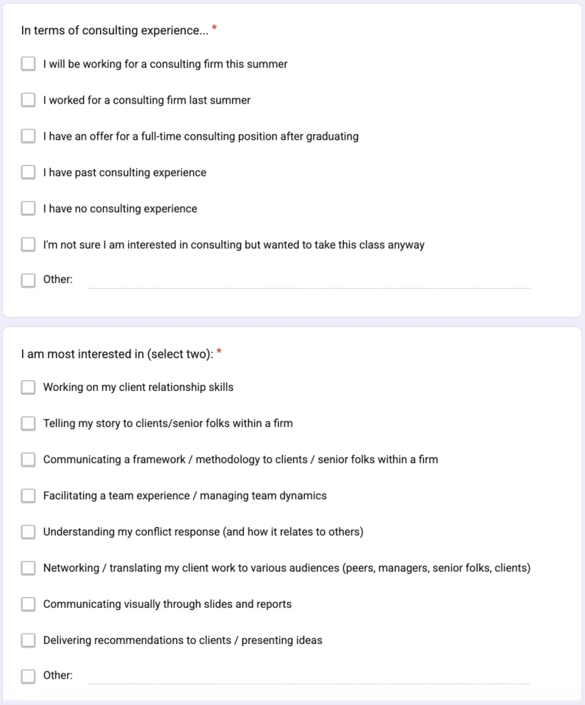 A sample from the Google Form used to collect the survey