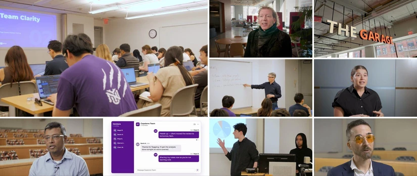 Collage of eight stills from the intro video: students working on laptops in a classroom, faculty and clients speaking in interviews, an instructor writing on a whiteboard, The Garage sign, an animated team chat in which a client moves a review meeting, and a student presenting a chart to the class.
