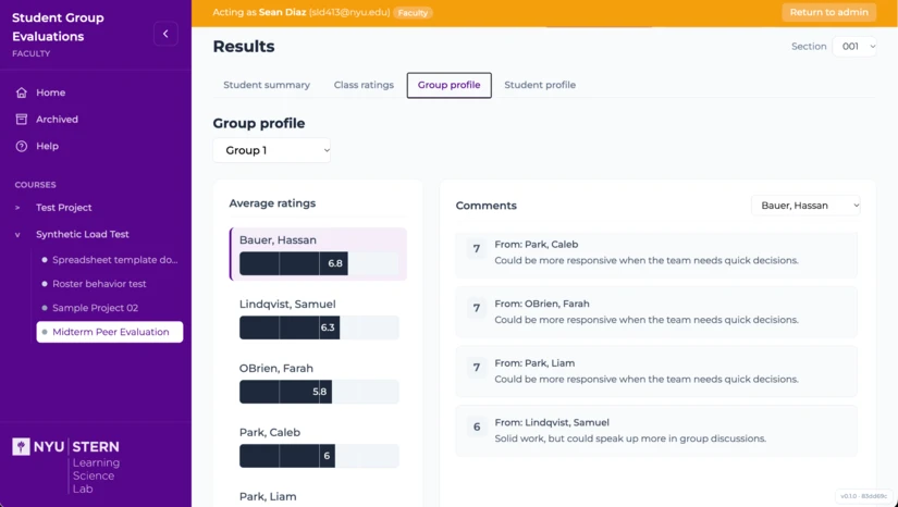 Faculty Results page in the final Student Group Evaluations app, with NYU Stern Learning Science Lab branding. The Group profile tab lists each group member's average rating as a bar, next to a Comments panel showing teammates' numeric ratings and written feedback for one student.