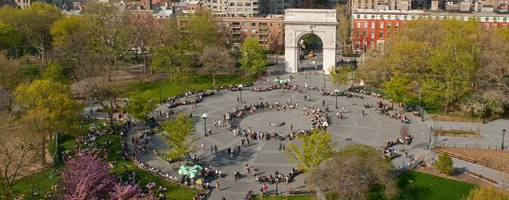 An overview of Washington Square park on a spring day.
